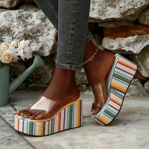 Sandales compensées à plateforme rayées colorées pour femmes, à bride transparente, à enfiler, à talon épais, style mules, chaussures de plage d'été - Product Image 2