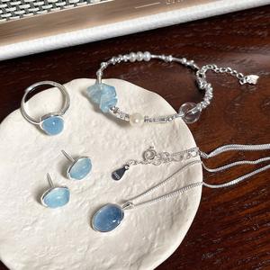 Ensemble de bijoux de luxe tendance populaire, collier et bague en argent sterling 925 avec diamant ovale bleu marine en forme d'œuf de pigeon - Product Image 2