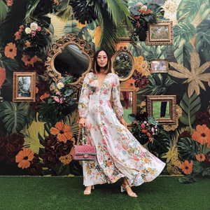 Romantic Floral Print Deep V-neck <strong>Dress</strong> Long Sleeve Big Hem <strong>Maxi</strong> Chiffon <strong>Dress</strong> - Product Image 4