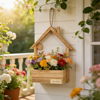 Ornement et décoration murale pour la maison, petite maison en bois décorative, pot de fleurs artificielles et panier à fleurs à suspendre pour la maison