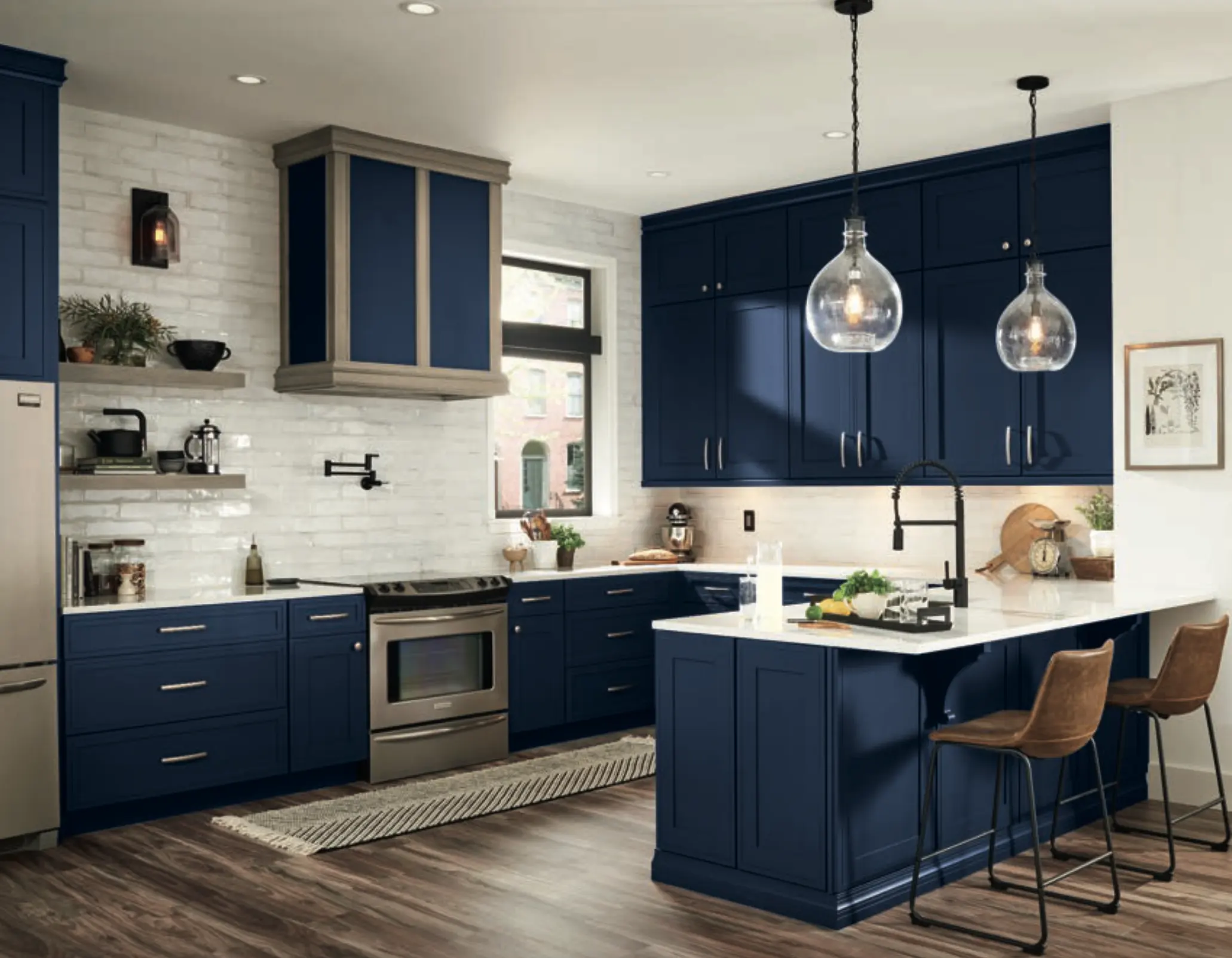 2023 SKYLINE Customized American Morden Navy Blue U Shape Quartz Top High Glossy Finish Top Selling Household Kitchen Cabinet