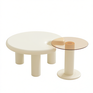 Ensemble de table basse circulaire beige crème, design minimaliste, meubles de salon, montage facile, plateau en bois, structure en plastique - Product Image 1