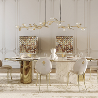 Table à manger ovale de luxe, design moderne, plateau en marbre naturel, acier inoxydable doré, grande table de dîner pour hôtel et projet de club