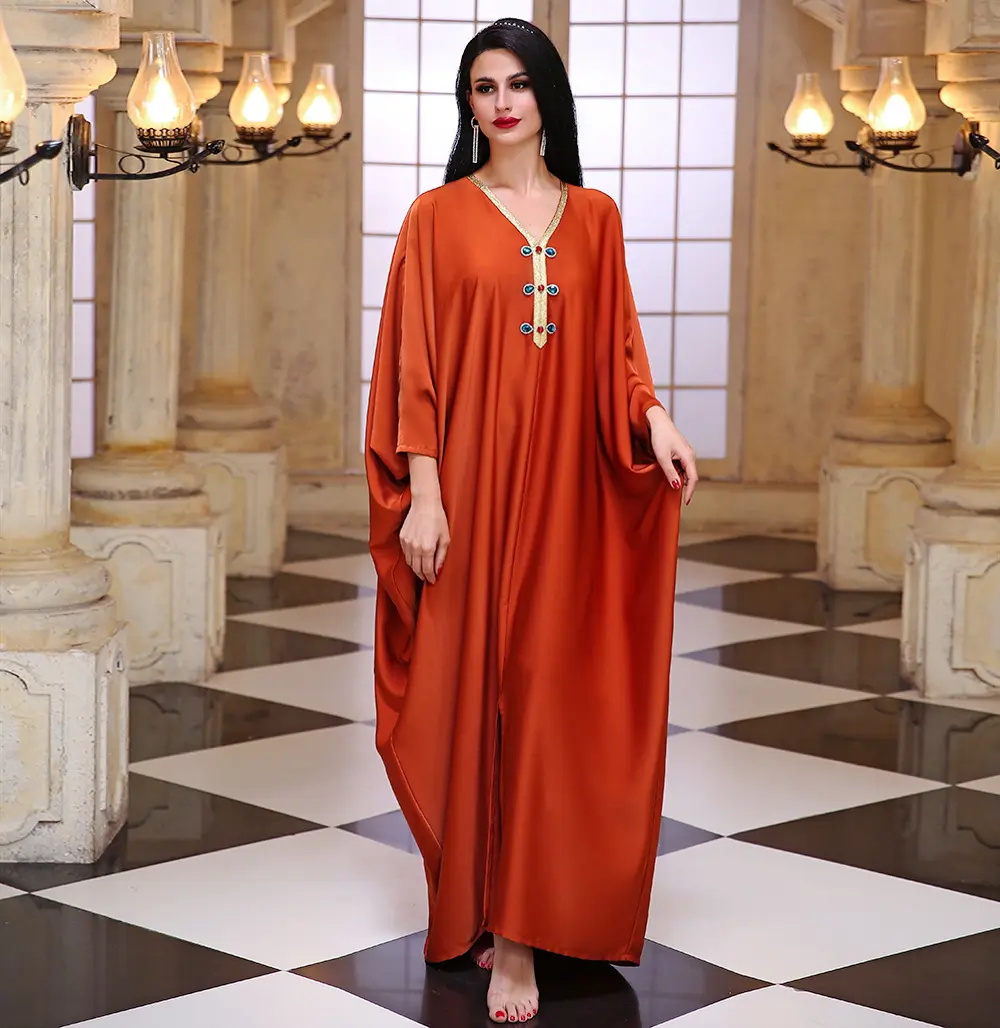 Oranje Satijnen Kaftan Jurk Voor Vrouwen Eid 2023 Abaya Marokkaanse Dubai Turkije Arabische Moslim Kleding