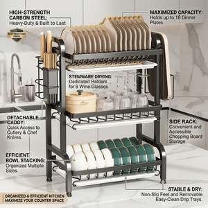 Özel Karbon Çelik 2-3 Katmanlı Metal Çatal Bıçak Kurutmalığı Organizer Raf Pas Önleyici Siyah Modern Çok Fonksiyonlu Mutfak Bulaşıklık - Product Image 1