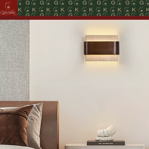 Lámpara de Pared para Dormitorio GOLDKING, Estilo Sándwich de Travertino Beige con Banda de Nogal, Iluminación Superior e Inferior, Fabricante OEM ODM Directo de Fábrica - Product Image 6
