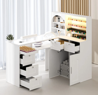 Bureau de salon de manucure en forme de L avec coussin pour les poignets et lumières LED, plateau en verre trempé, table de manucure professionnelle