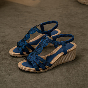Blue Textile Wedge Sandals <b>Open</b> <b>Toe</b> Slip-On Mid <b>Heel</b> Breathable Summer Shoes Elegant Style Rubber Outsole wholesale - Product Image 5