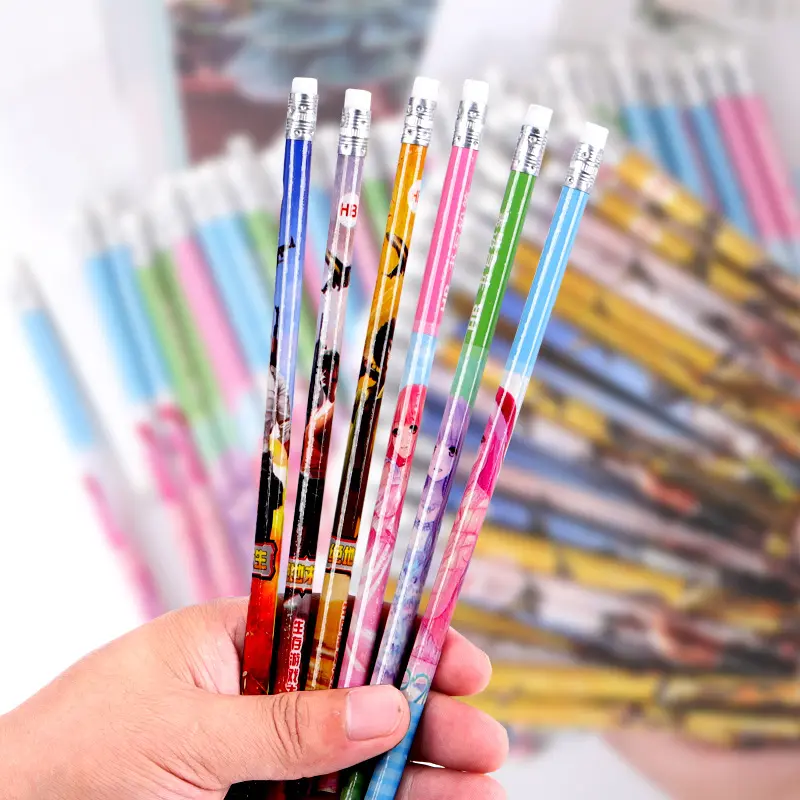 Werbe-Cartoon individuell bedruckte Schul bedarf Bleistift Marke HB Holz Kinder Cartoon Bleistift mit Radiergummi Set