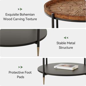 Tavolino da Caffè Rotondo in Legno Massello da 31,5 Pollici, Tavolo Centrale Boho con Struttura in Metallo e Motivo Floreale Intagliato a Mano - Product Image 4