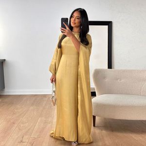 Été Moyen-Orient Musulman Afghan Femmes Longues Élégantes Col <span class=keywords><strong>V</strong></span> Fine Manches Longues Maxi Brillant Soie Satin Robes Décontractées - Product Image 6
