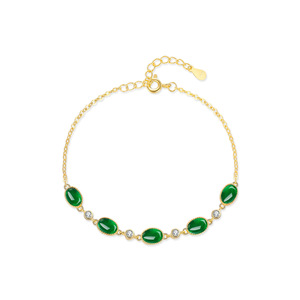 Pulsera de Cadena Clásica de Plata S925 Chapada en Oro de 18K con Jade Ovalado y Diamantes Redondos en Engaste de Bisel, Joyería para Uso Diario de Mujer - Product Image 1