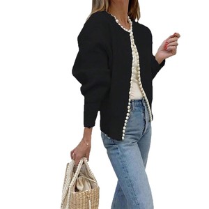 Pearl Trim Knitted <b>Cardigan</b> <b>Sweater</b> One Size Loose Fit Solid Color Women's <b>Cardigan</b> - Product Image 5