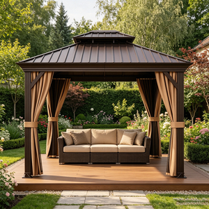 Gazebo extérieur à double niveau avec toit en métal, rideaux occultants et résistants aux intempéries, pavillon de patio permanent - Product Image 1