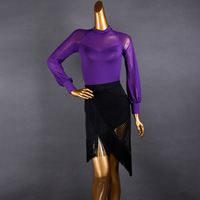 Body de Danza Latina para Mujer, Color Morado, Cuello Alto, Manga Larga de Malla, Manga Abullonada Transparente, Leotardo para Práctica de Baile de Salón
