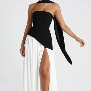 <span class=keywords><strong>Robe</strong></span> longue sans bretelles à col licou avec écharpe, fente haute, détails froncés, tissu drapé, idéale pour banquets, soirées, anniversaires, bals <span class=keywords><strong>de</strong></span> promo et vacances - Product Image 2