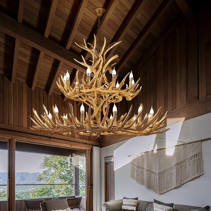 Luminaire suspendu européen moderne et rustique, grand lustre en bois de corne de cerf Antique