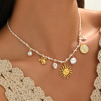 Collier multi-breloques vintage pour femme, fabrication de bijoux DIY, pendentif soleil plaqué or, géométrique, en acier inoxydable, imitation perle