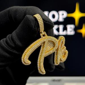 Custom PK <b>Initial</b> <b>Pendant</b> Fully Iced Out Script Letter Charm Gold Finish Necklace for Men & Women - Product Image 3