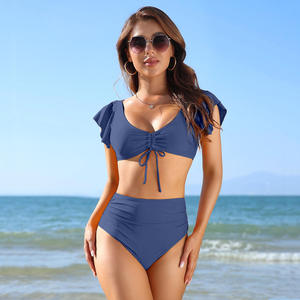 2025 mode personnalisé concepteur solide col en v Bikini pour femmes <span class=keywords><strong>maillot</strong></span> <span class=keywords><strong>de</strong></span> <span class=keywords><strong>bain</strong></span> deux <span class=keywords><strong>pièces</strong></span> avec manches volantes et soutien-gorge Bandeau - Product Image 3
