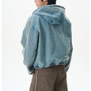 Sudadera con Capucha de Mezclilla Azul Casual para Hombre, Lavado Desgastado, 100% Algodón, Chaqueta Corta Vintage de Alta Calidad - Product Image 4