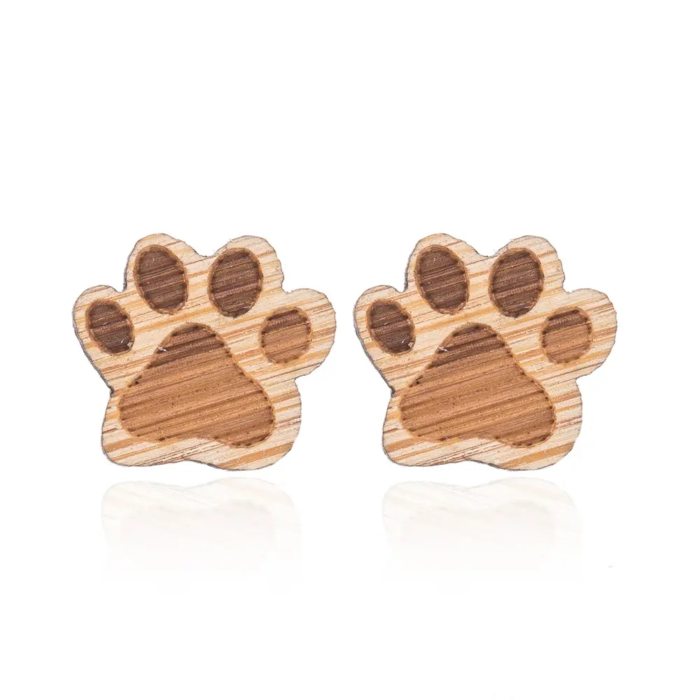 2021 Super Cute Mini Wood Animal Footprints Stick Earrings Lovely Natural Wood Cat Dog Footprints Stud Earrings For Kids