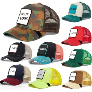 High Quality 5 Panel Foam Mesh Back Custom Logo Leather Patch Camo Trucker Hat