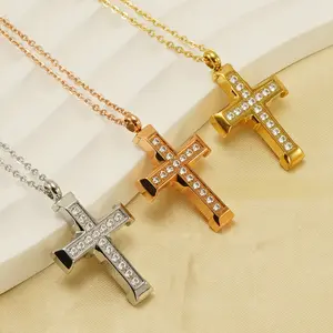 Faith Based Cross Crucifix Catholic Male Men Religious Christian Bar Stainless Steel Gold Plated Filled Fashion Jewelry Necklace
