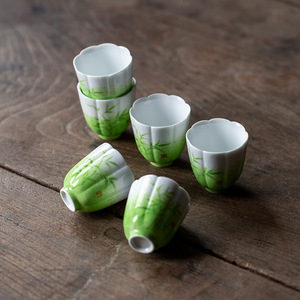 Chinese Style Green Bamboo Ceramic <b>Teacup</b> Flower Shaped Rim Hand Painted Porcelain Cup For Home Use Afternoon Tea - Product Image 2
