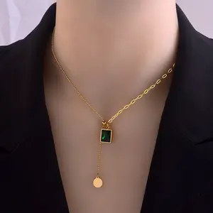 Daicy Mode Vrouwen Trendy Verstelbare Choker 18K Vergulde Kwastje Rvs Green Crystal Ketting