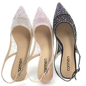 Party Shoes AB Rhinestone Color Autumn Best Way Ladies Women Pointed Toe Med Heel 5 CM PU Rubber Summer Women Sling Black Shoes