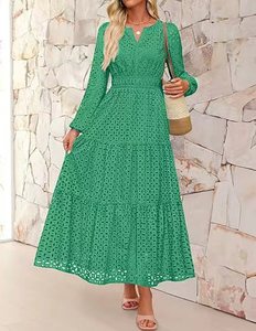 Robe de mode pour femmes européennes et américaines, en dentelle, longueur ras du sol, col en V, ajourée, plissée, manches courtes, unie, brodée, coupe <span class=keywords><strong>Empire</strong></span> - Product Image 6