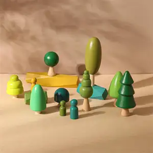 Unisex Educational Wooden Tree Building Blocks Natural Color Forest Design with Peg Dolls Mini Home Decor Ornaments