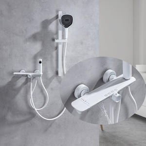 Ensemble de baignoire mural thermostatique en cuivre massif, style minimaliste moderne, trois étages, finition or brossé, robinet de douche simple - Product Image 6