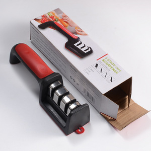 Afilador de cuchillos comercial de 3 etapas, rojo y negro, mango antideslizante, herramienta manual de afilado rápido para restaurante, hotel, catering, cocina - Product Image 1