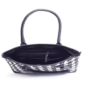 Bolso de lona de moda con asas de cuero Diseño en blanco y negro Bolso de gran capacidad para mujer con cremallera - Product Image 2