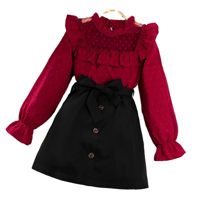 Boutique 6-12 Years Children Clothes Wholesale Full Sleeve Polka Dot Red Shirt Black Skirt Girls 2pcs Clothing Set for Autumn