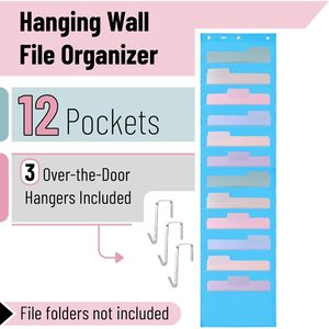 Hanging Wall File Organizer 12 Pocket Blue With 3 Stainless Steel Hangers Over Door Office Storage Folder Rectangle Shape - Product Image 3