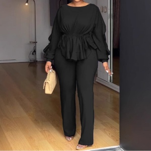 Conjunto de 2 Piezas para Mujer, Elegante, Elástico, con Cordón Ajustable, Manga Larga, Cintura Definida, Top y Pantalones, a la Moda - Product Image 3