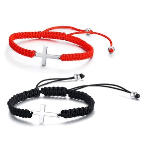 Handmade Woven Red Black Stainless Steel Cross <b>Bracelet</b> Trendy Religious Bangles with Diamond Hot Sale for <b>Couples</b> Friends - Product Image 1