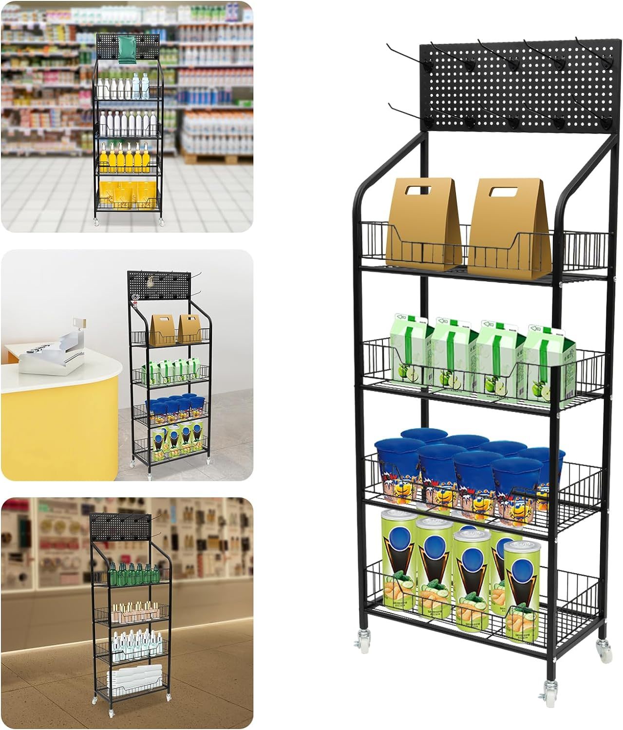 4-tier for Metal Wire Storage Shelf Display Rack with Wheels and Black Floor Stand for Home Room — view 5