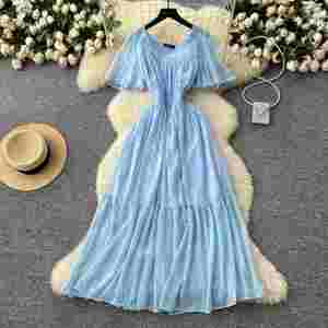 Vestido midi casual de verano vintage con cuello cuadrado, de gasa tejida, corte A, ajustado, para mujer, con cintura imperio - Product Image 2