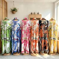 Gaun Kaftan Maxi Wanita Afrika Harga Grosir Murah dengan Pola Cetak Besar, Kerah V Lengan Pendek Ukuran Besar