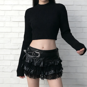 Mini-jupe en cuir PU noir pour femmes, design superposé à volants en dentelle, taille haute, jupe sexy de style gothique pour les soirées - Product Image 5