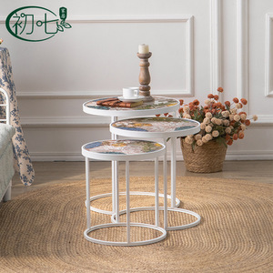 The Seventh Day Nesting <b>Side</b> <b>Table</b> <b>Set</b> Tempered Glass Top Hand Painted Floral Design For Living Room Coffee <b>Table</b> - Product Image 4