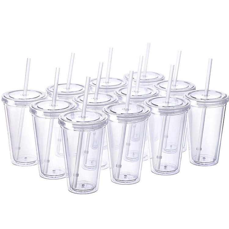 Copos de plástico reutilizáveis 16oz 24oz 32oz, copo acrílico transparente de parede com tampa e canudo