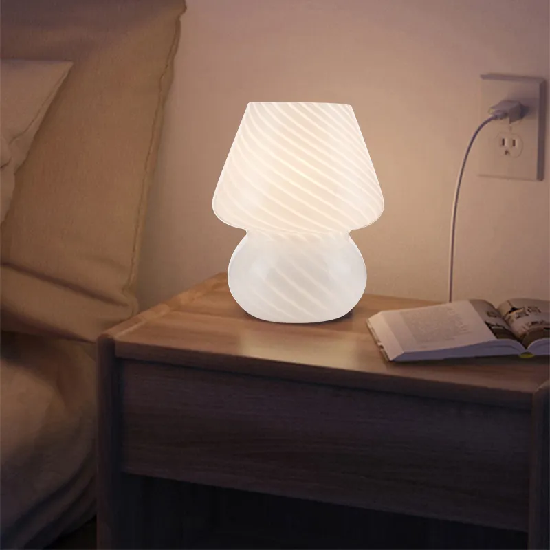 Lampe de Table champignon en verre rayé, Style Murano, en forme de champignon, pour bureau, chevet et chambre à coucher