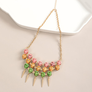 Collana Punk con teschio rosa e rosso alla moda maglione con perline larghe a catena per donne e uomini a forma di scatola geometrica per bambini - Product Image 5