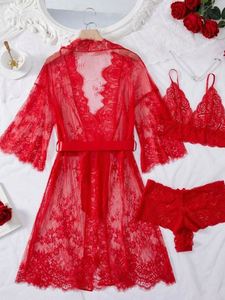 B041 Lingerie érotique de haute qualité, ensemble de nuisette à manches longues avec ceinture en dentelle, robe sexy, lingerie pour femmes, tendance - Product Image 3