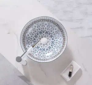 Desain baru kualitas tinggi porselen bulat kualitas baik konter atas wastafel keramik bak cuci hotel kamar mandi dengan kertas biru